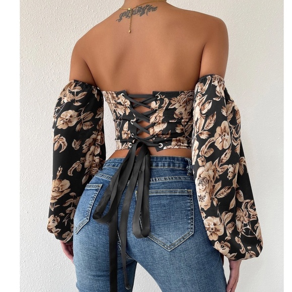 Boho Floral Print Lace up Off Shoulder Corset Top - Picture 10 of 15